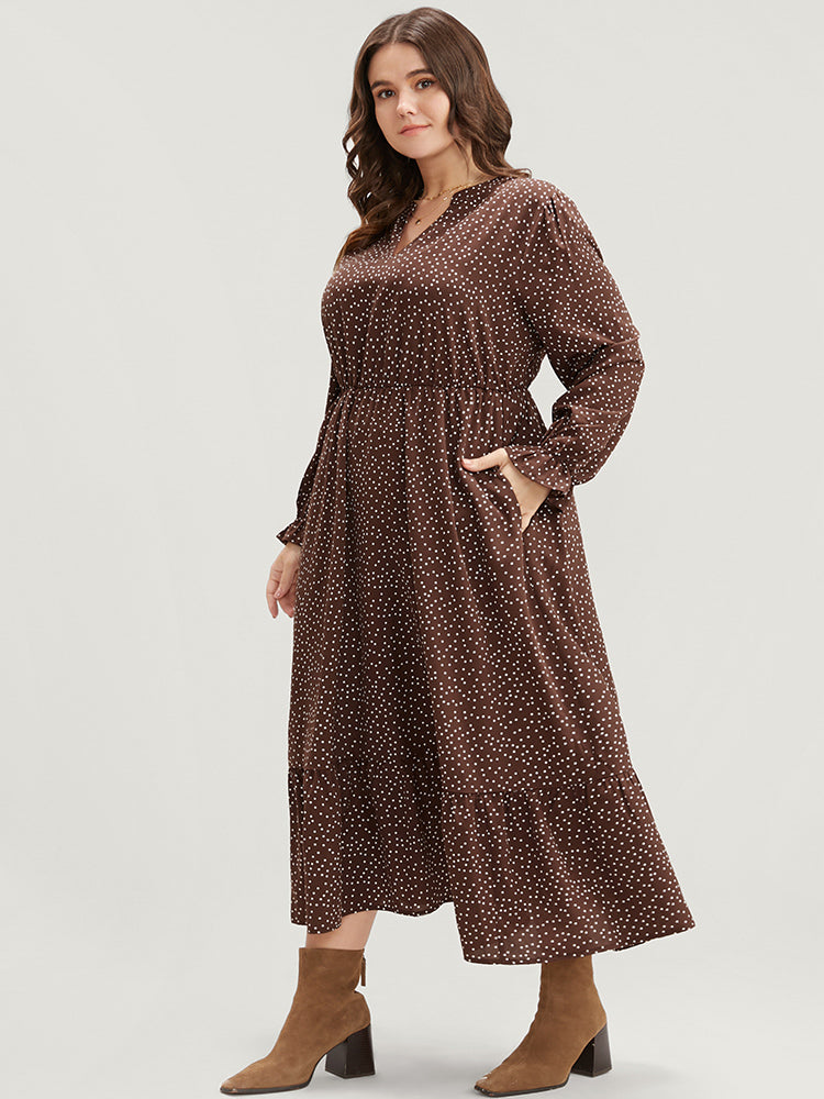 Polka Dot Pocket Lantern Sleeve Flutter Hem Dress