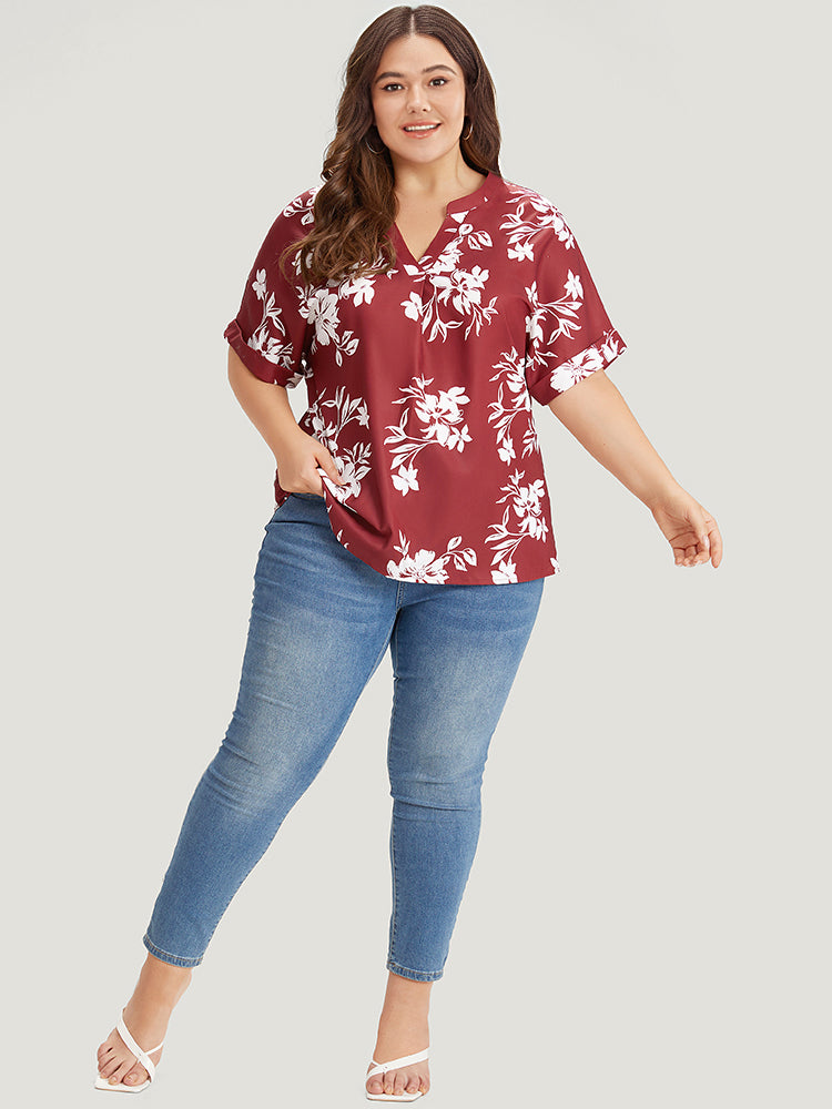 Silhouette Floral Print Notched Roll Sleeve Blouse