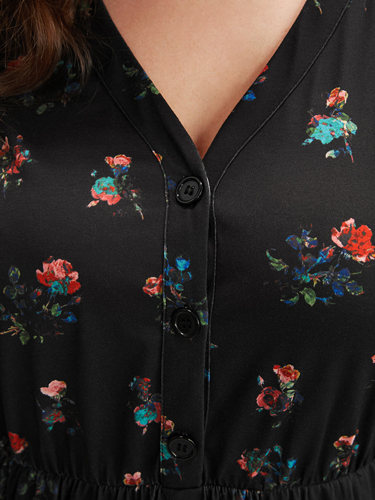 Ditsy Floral Button Up Pocket Split Hem Dress