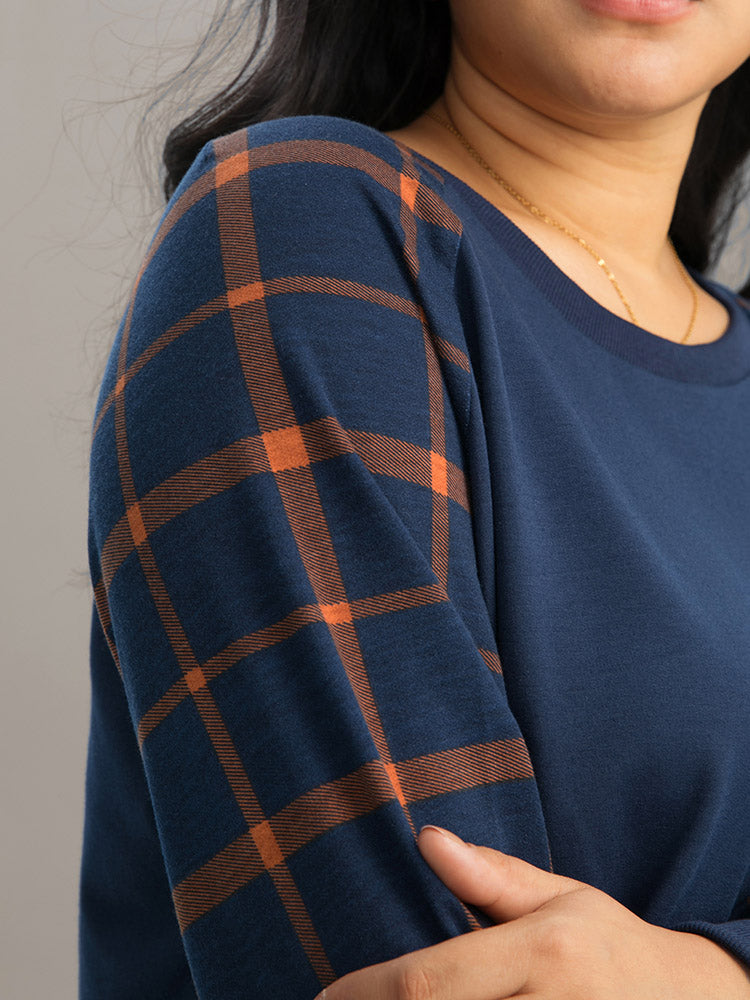 Plaid Two Tone Patchwork Rib Knit Sweatshirt